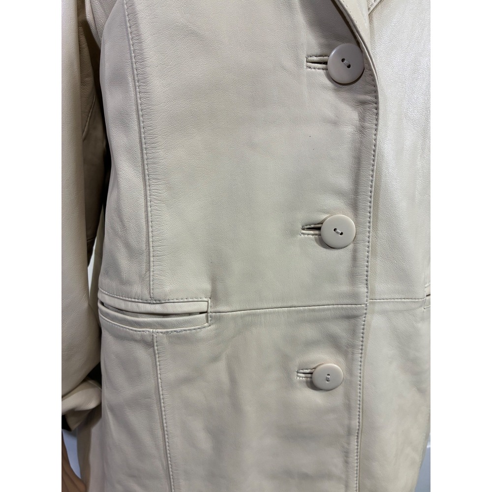 Pamela McCoy Cream Beige Genuine Leather Blazer Jacket Size L 3 Button Lined - Picture 10 of 14